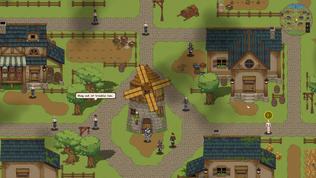 A player character stands by the windmill in the forest town as a guard speaks